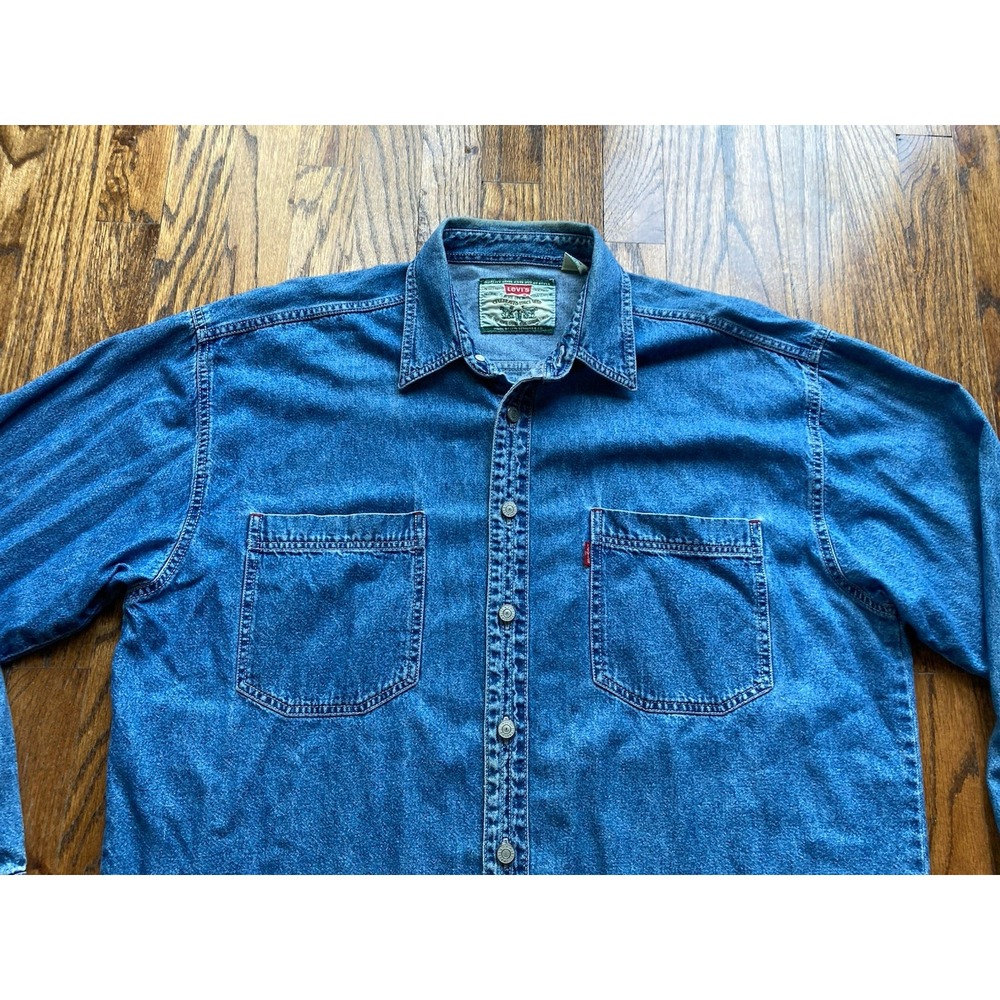 Vintage Levis Denim Shirt Mens Size Large Blue Y2K Button Up Long Sleeve - Picture 2 of 12